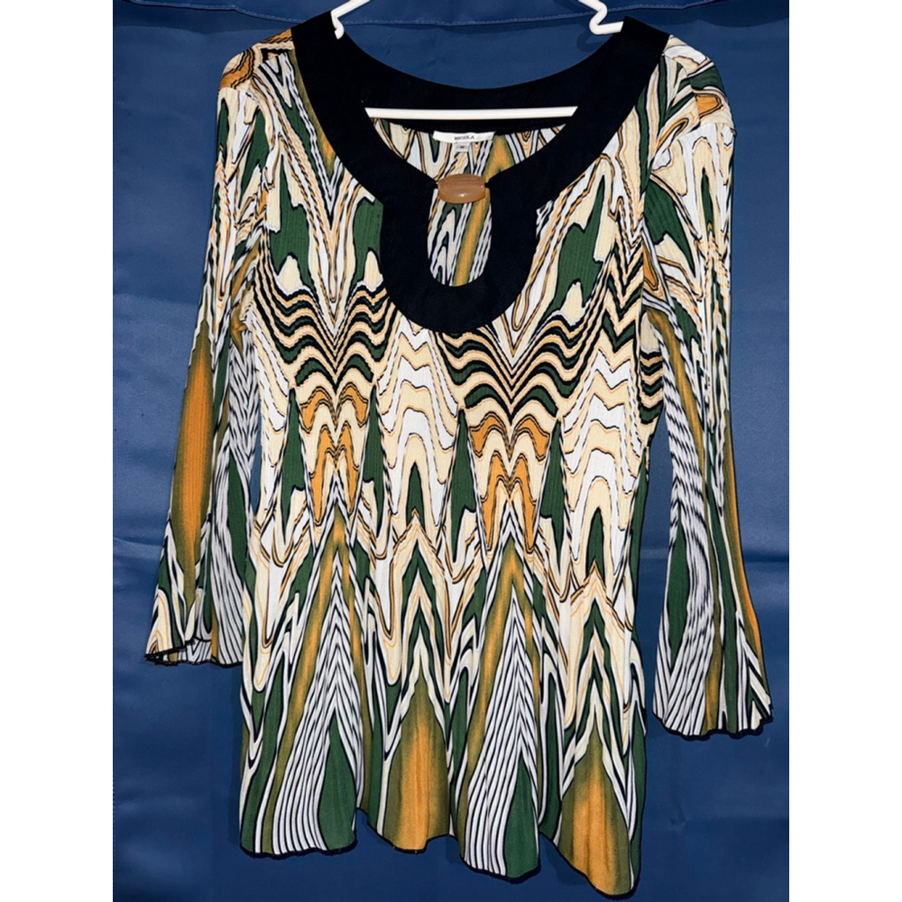 Y2K Nicola Brown and black 3/4 sleeve top with keyhole Blouse Sz M
 #workwear
In